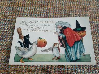 Whitney Halloween Postcard Witch Owl Black Cat Goose Bat Pumpkin Jackson Mi.