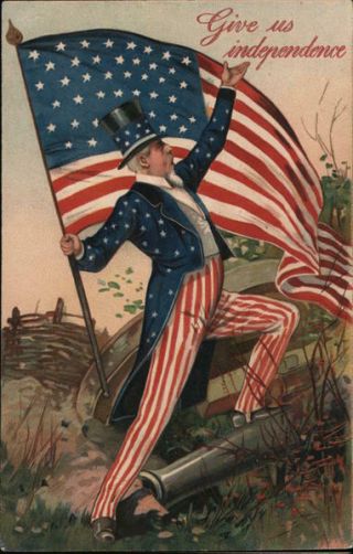 Patriotic Uncle Sam With Flag: Give Us Independence Pfb Postcard 1c Stamp