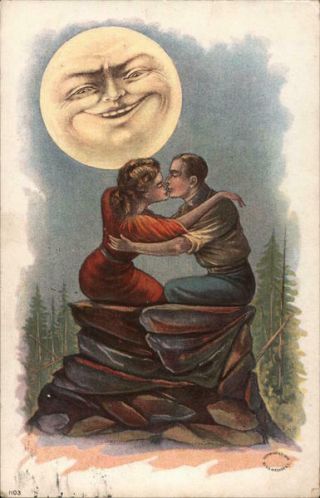 Couple Man And Woman Kissing On A Rock Under The Smiling Moon Jb Postcard