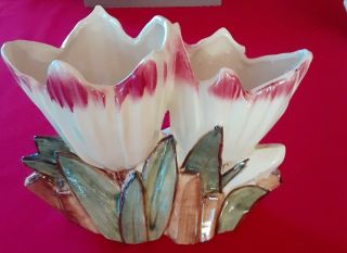 Antique Rare Vintage Mccoy Double Tulip Vase,  White,  Green,  Red