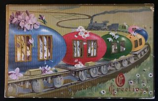 Cute Bunny Rabbits In Easter Egg Train & Flowers Vintage Easter Postcard - H326