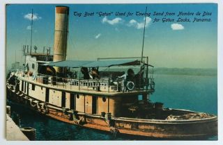 Postcard Panama Canal Zone Tug Boat Gatun Closeup Large View Ship Locks Vibert