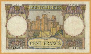 Morocco 100 Francs 1945 Fine Rare & Banknote French Colonial Currency