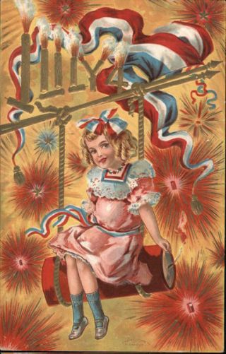 July 4th Girl Lighting Fireworks: 4th Of July Postcard Vintage Post Card