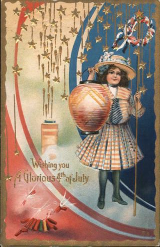 July 4th Girl With Lit Lamp: Wishing You A Glorious 4th Of July Postcard Vintage