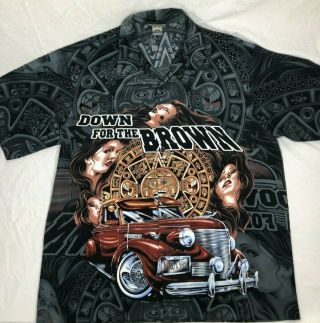 Vintage Rare Cruizin Low " Down For The Brown " Black Button Up Shirt Men 