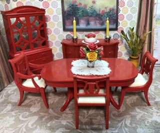 Rare Ideal Red Dining Room Set Vintage Dollhouse Furniture Renwal Plastic 1:16