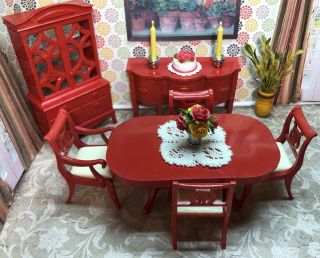 Rare Ideal RED DINING ROOM SET Vintage Dollhouse Furniture Renwal Plastic 1:16 2