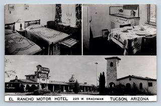Vintage Postcard El Rancho Motor Hotel Tucson Az Rppc Multiview Interior A8