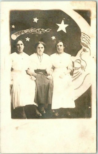 C1910 Paper Moon Real Photo Rppc Postcard 3 Serious Young Ladies /halley 