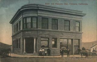 1910 Fillmore,  Ca Bank And Masonic Hall Ventura County California Postcard