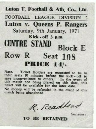 Rare Football Ticket Luton Town V Queen 