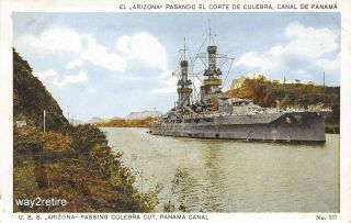 Postcard Military Uss Arizona Battleship Culebra Cut Panama Canal Zone 1920s