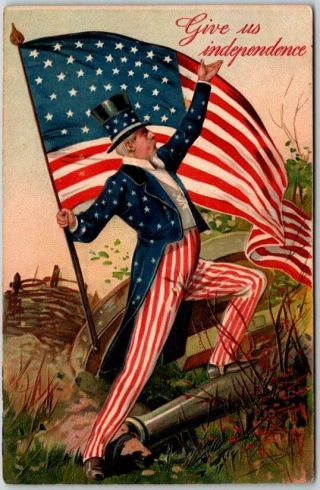 1914 Patriotic Fourth Of July Embossed Postcard Uncle Sam " Give Us Independence "