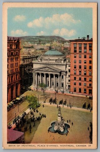 Postcard Montreal Quebec C1940 Bank Of Montreal Place D’Àrmes Birds Eye View