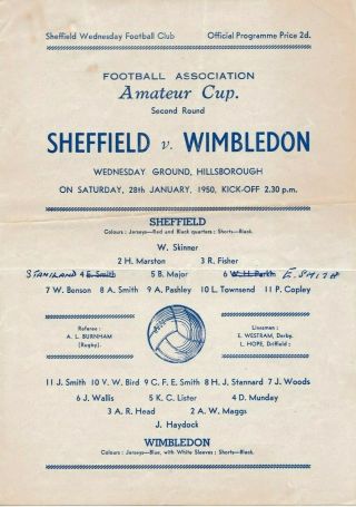 Rare Football Programme Sheffield V Wimbledon Fa Amateur Cup 2nd Round 1949 - 50