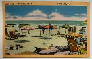 1954 Nj Postcard Cape May " Enjoying The Beach And Sun " Colored Umbrellas Chairs