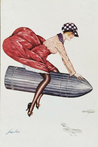 Xavier Sager Glamour Antique Postcard - Lady Riding A Bomb.