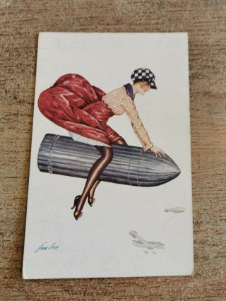 Xavier Sager Glamour Antique Postcard - Lady riding a bomb. 3