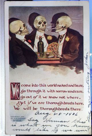 Macabre,  Skeletons Playing Cards,  Smoking,  Halloween? H.  H.  Tammen Post Card 