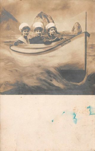 People In Boat,  Studio,  Santa Catalina Island Ca,  Real Photo Rppc Postcard