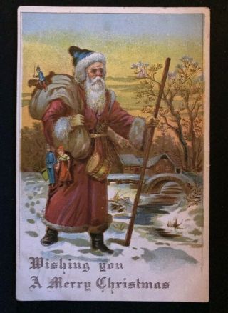 Long Red Robe Santa Claus W.  Walking Stick Toys Antique Christmas Postcard H266