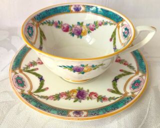 Rare C1917 Royal Worcester Cup & Saucer,  C1091,  Turquoise Garlands Swags,