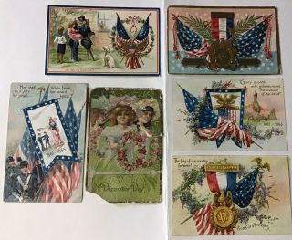 Set Of 6 Memorial Decoration Day Gar Flags Antique Patriotic Postcards