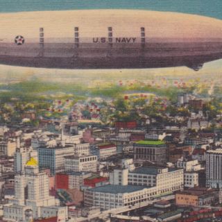 Linen Postcard Aerial View Of Akron,  Ohio With Dirigible Akron Posted 1947 Zp105