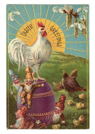 Vintage Easter Postcard Gnomes On Easter Egg Rooster Hen And Chicks 1910 Era