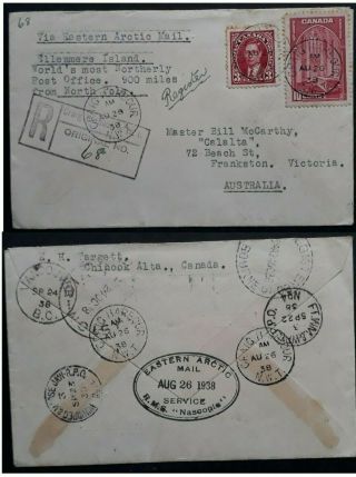 Rare 1938 Canada Eastern Arctic Mail Cover Ellesmere Island To Australia