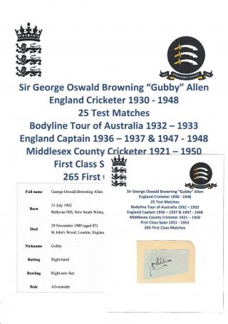 Gubby Allen England Cricketer Ashes Bodyline Tour 1932 - 1933 Rare Autograph