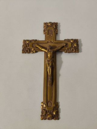 Vtg / Antique? Rare Brass Wall Crucifix Cross Inri Jesus Flowers Signed France