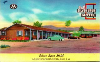 Vtg Linen Postcard Reno Nevada Nv Silver Spur Motel Cars Aaa Unp