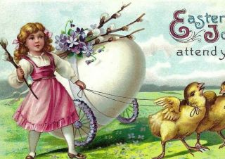 Cd - 022 Easter Joy Attend You Divided Back Postcard Girl Pink Address Chicks Egg