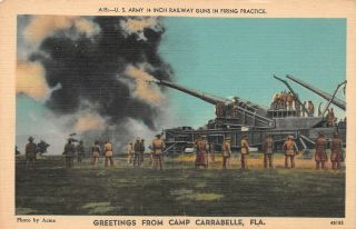 Us Army 14 Inch Railway Guns In Firing Pract,  Camp Carrabelle Fl,  Linen Postcard