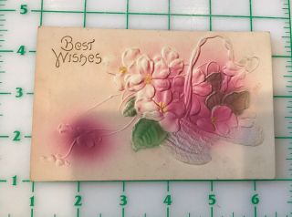 Vtg Pink Best Wishes Floral Relief Post Card Embossed Hand Painted Airbrush