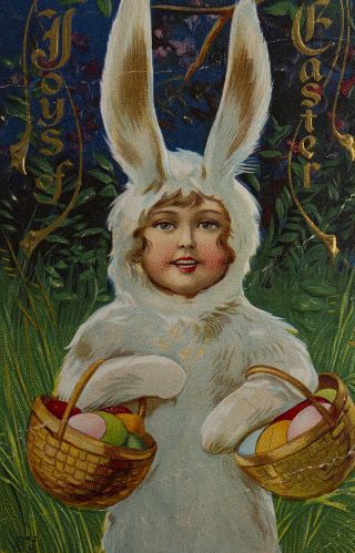 Easter Postcard Features Young Girl In Bunny Suit & Egg Baskets,  Antique 1907 - 15