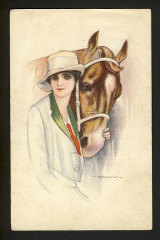 Young Lady White Hat,  Jacket,  Red Tie With Her Brown Horse - Nanni Artist