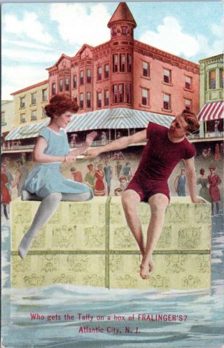 1907 Atlantic City Fralingers Salt Water Taffy Advertising Boardwalk Postcard Go