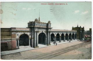 Columbus,  Ohio Postcard Union Depot Railroad Station Pm 1908 W