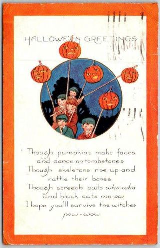 Vintage Whitney Halloween Postcard Boys W/ Jack O 