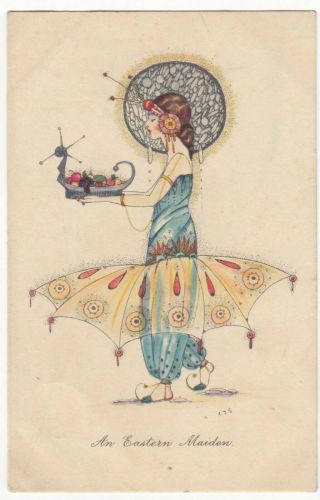 Art Deco; Artist Signed,  Ce Shand " An Eastern Maiden " Pretty Girl Ppc,