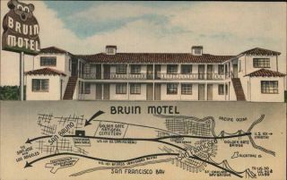 San Bruno,  Ca Bruin Motel And Map Of Area San Mateo County California Postcard