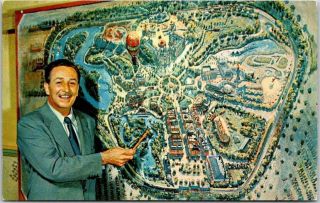 1950s Disneyland California Postcard Walt Disney W/ Park Map / Plastichrome