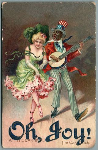" Oh Joy At The Carnival The Cake Walk " Banjo Playing Uncle Sam Emboss Postcard