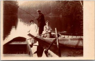 Vintage Fishing Scene Real Photo Rppc Postcard 2 Ladies 1 Man Rowboat C1910s