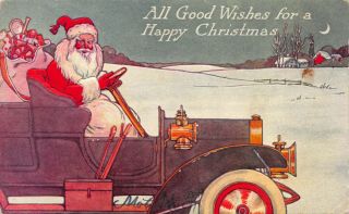 Christmas Postcard Santa Claus Driving An Automobile Delivering Toys 116172