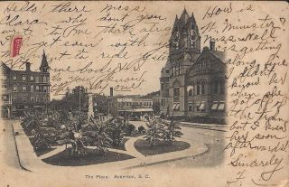 Postcard Anderson,  Sc Town Plaza Courthouse Confederate Statue Monument 1900s