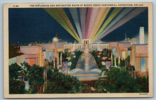 Esplanade Reflection Basin Night Texas Centennial Expo Dallas Tx Postcard 1936